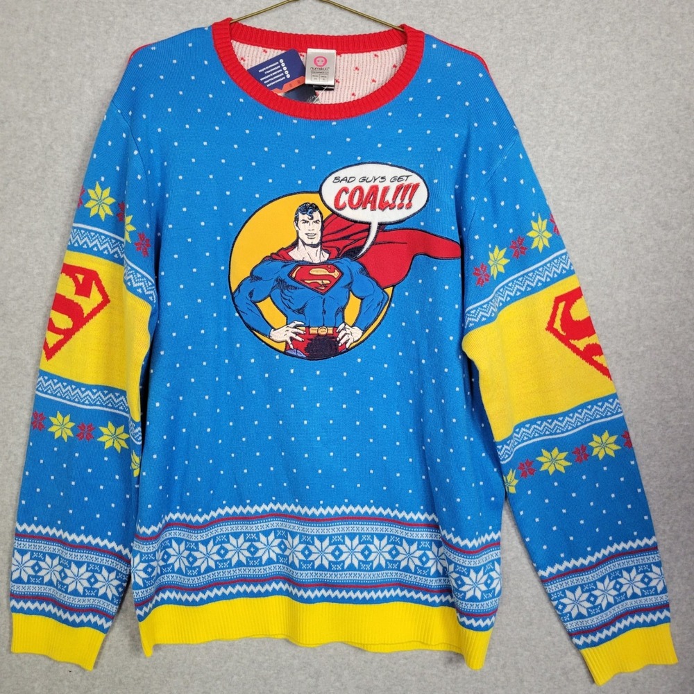Numskull Mens Superman Ugly Christmas Sweater DC Comics Blue Red XL New
